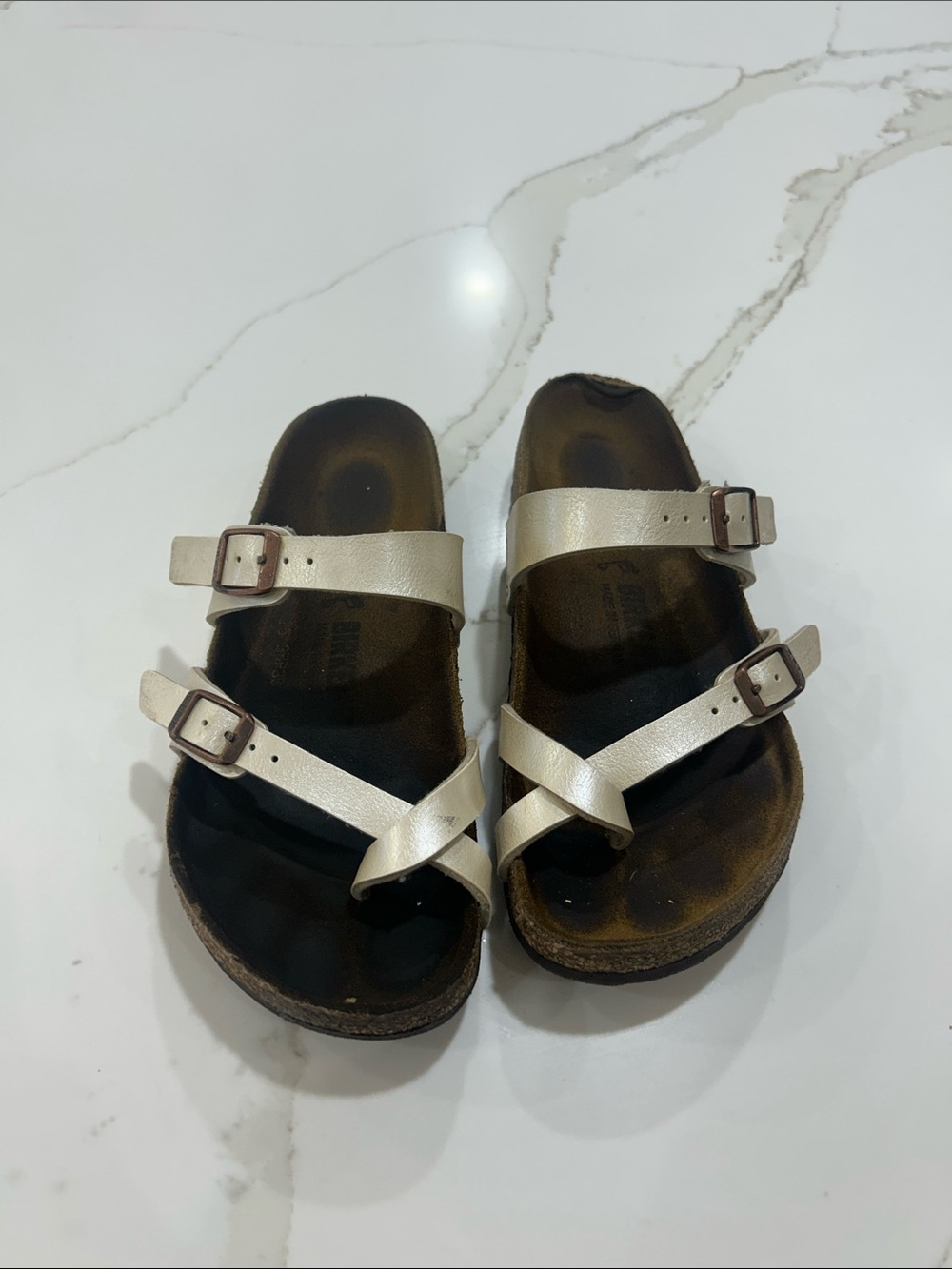 Birkenstock Metallic Pearl White Strappy Sandals